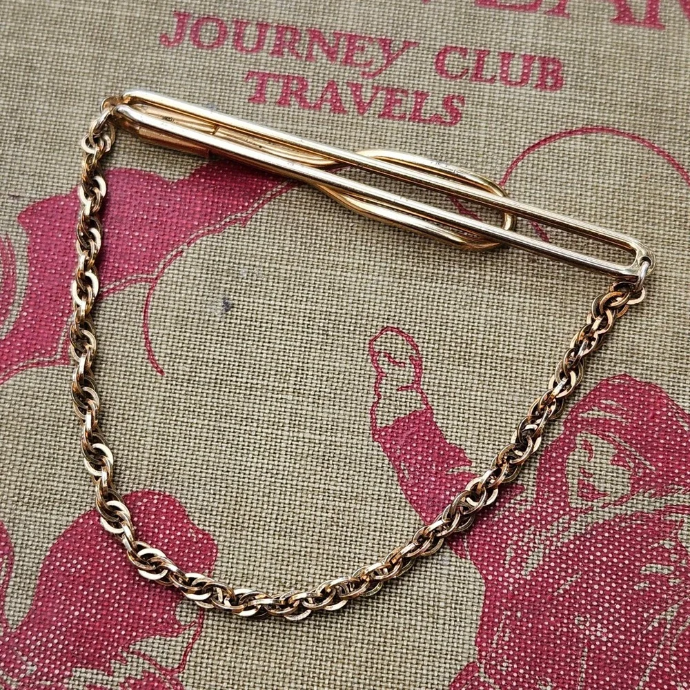 Swank Gold Tone Tie Clip with Rope Chain Vintage Mens Accessory